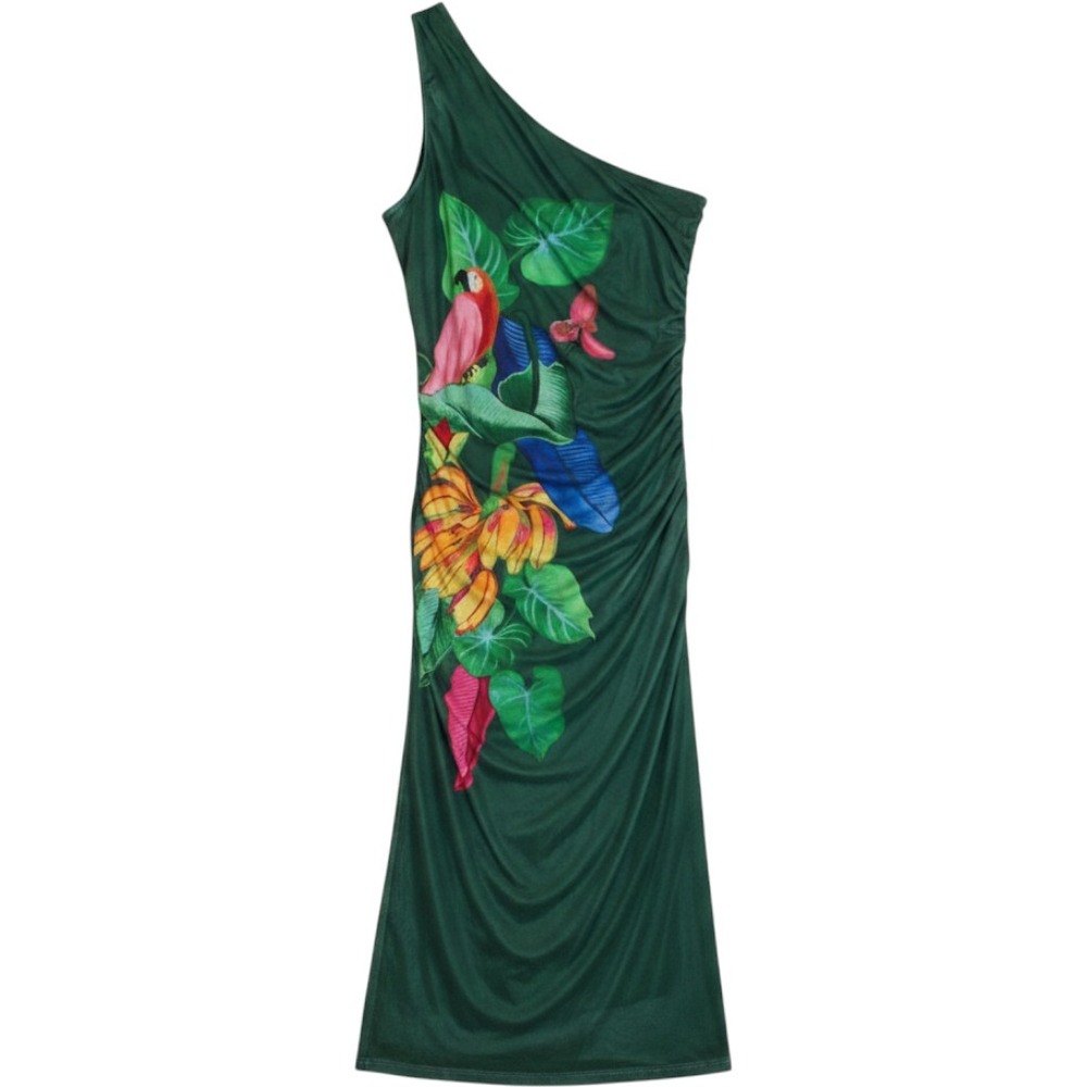 Farm Rio x Anthropologie Tropical One Shoulder Ruched Mesh Midi Dress L NWT - Picture 2 of 4